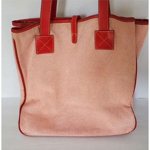 Dooney & Bourke Large Red Tweed Canvas Carry-All Tote Leather Handles & Accents - Picture 4 of 15